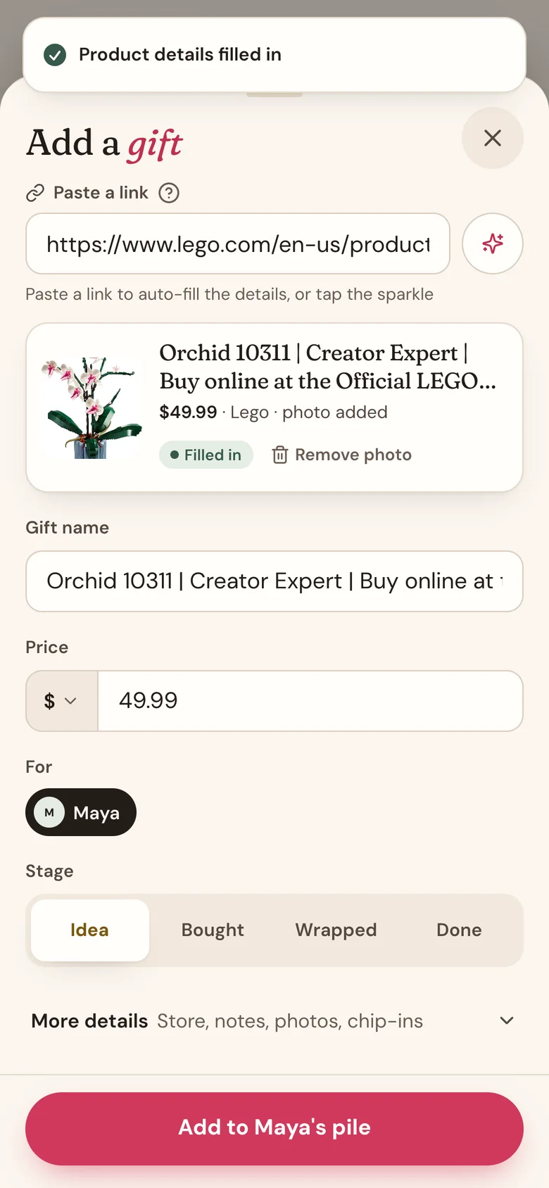 The Add a gift sheet after pasting a link, with the name, price, and photo filled in