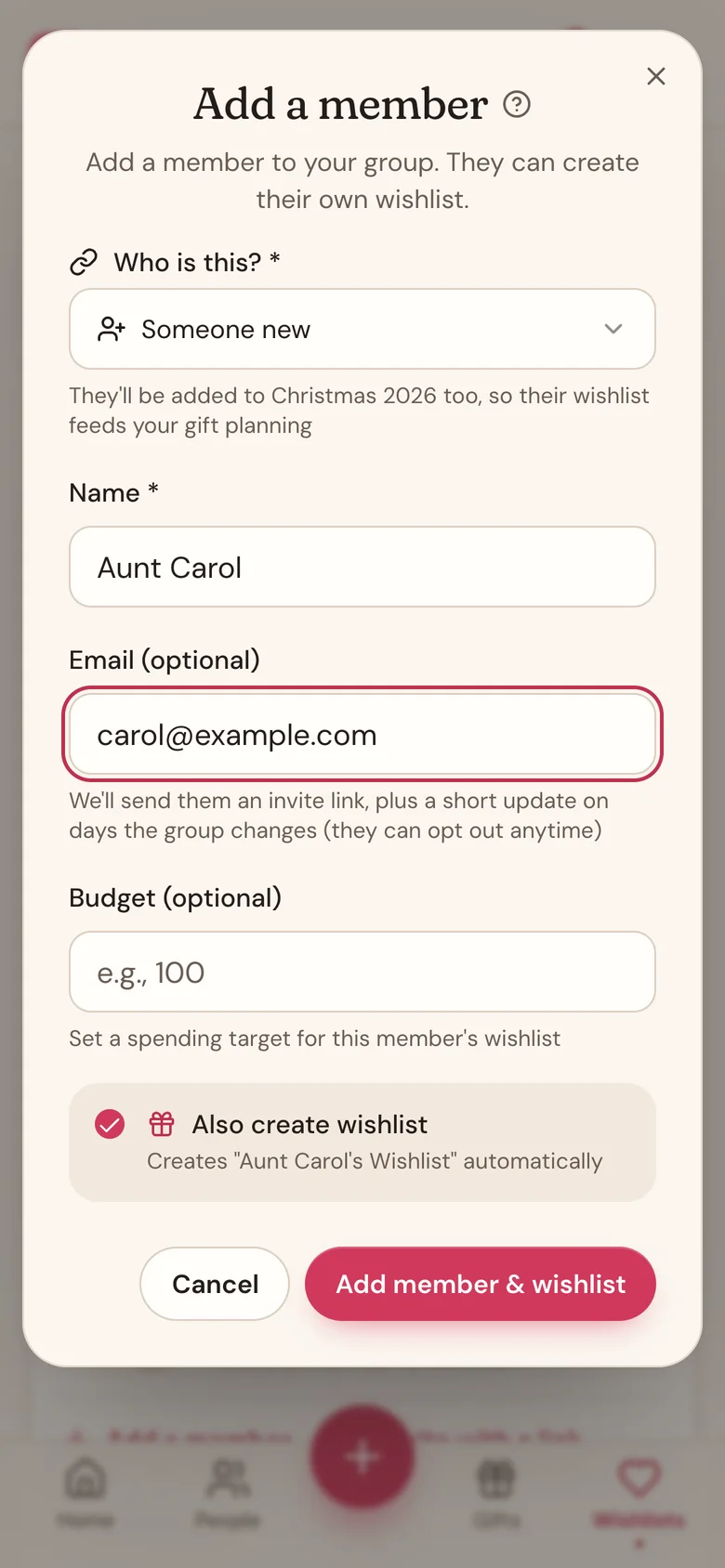 The Add a member form with Someone new chosen and a name and email filled in