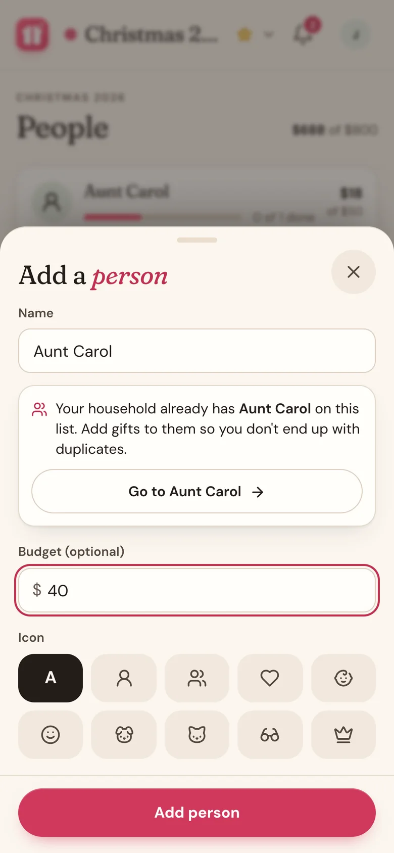 The Add a person sheet with a name, a budget, and the Initial icon picked