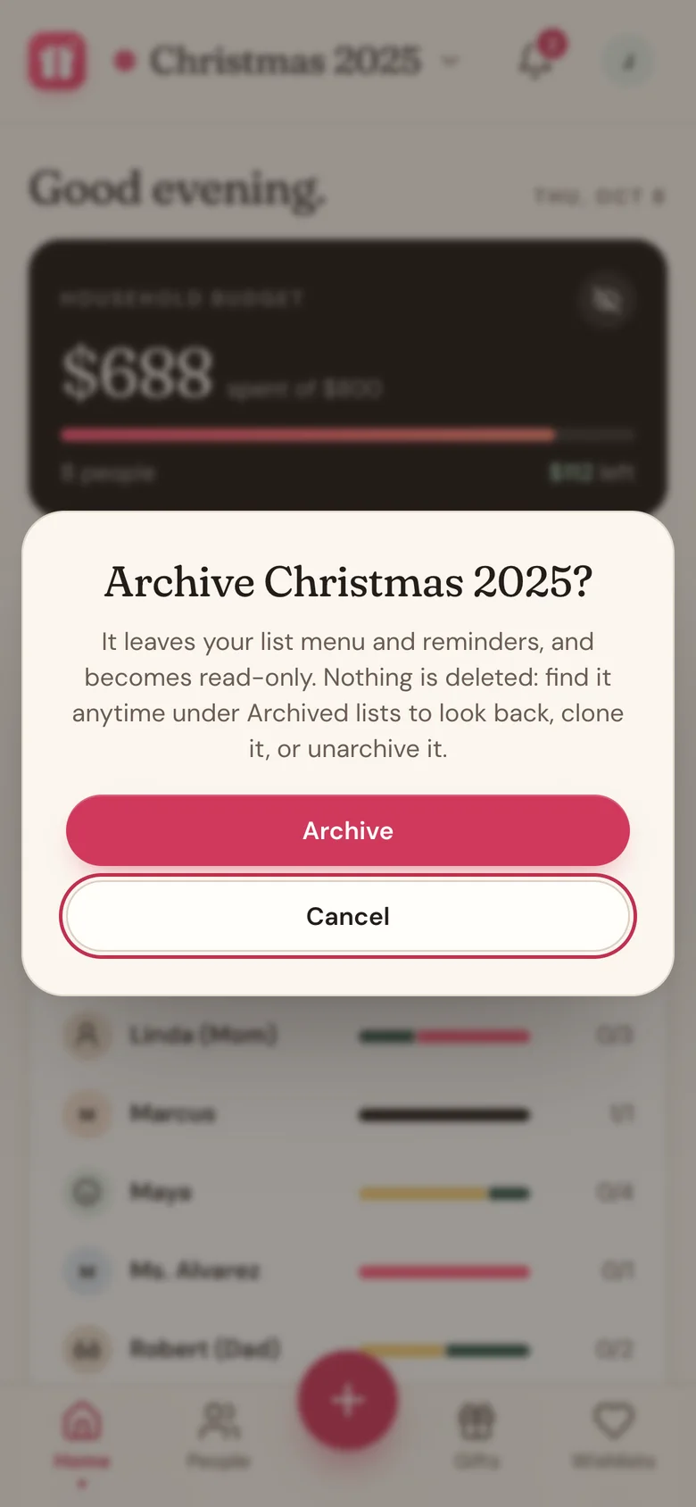 Wishpile asking Archive Christmas 2025? with Cancel and Archive buttons