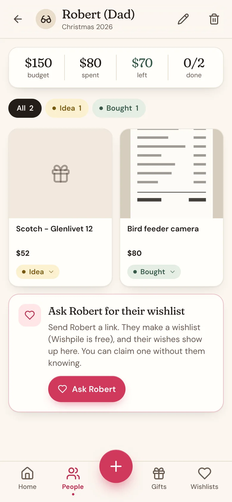 A person's page with the Ask Robert for their wishlist card and its Ask Robert button