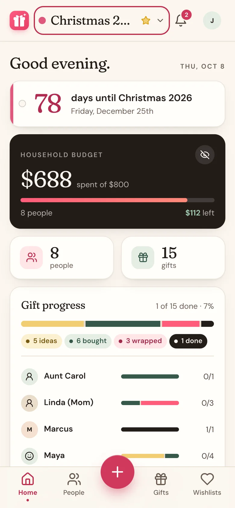 The Budget card on Home, with the eye icon for hiding amounts