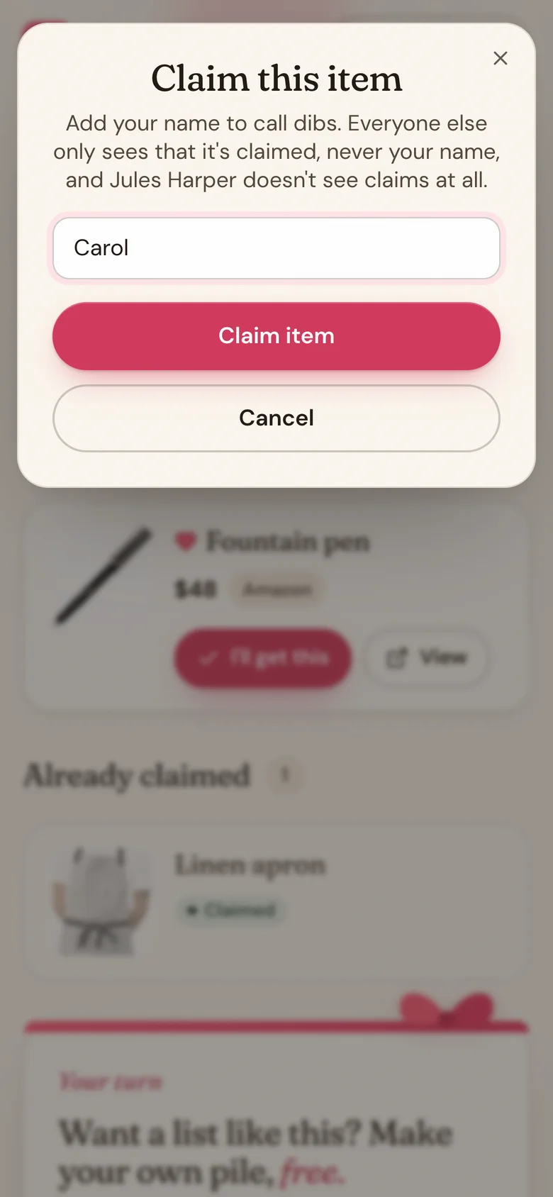 The Claim this item sheet with a name typed in and the Claim item button