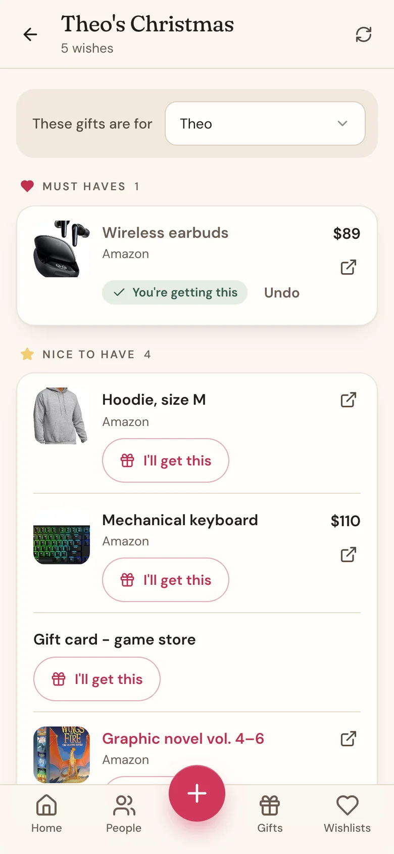 Theo's group wishlist with Theo picked as the recipient and one wish already claimed