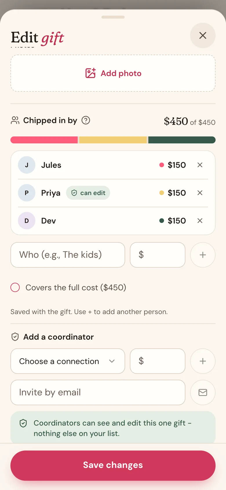 Add a coordinator on the espresso machine gift, with Priya marked "can edit"