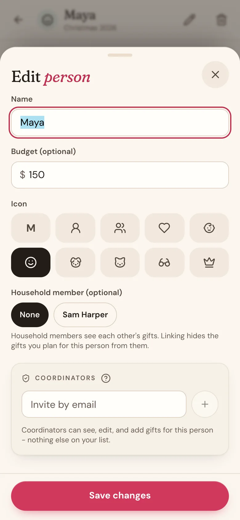 The Coordinators section in Edit person, with an email invite box
