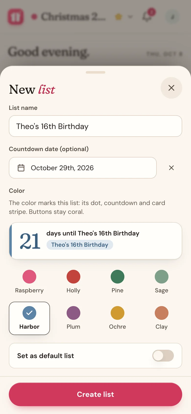 The New list sheet with a name typed in, a countdown date picked, and the Harbor color previewed