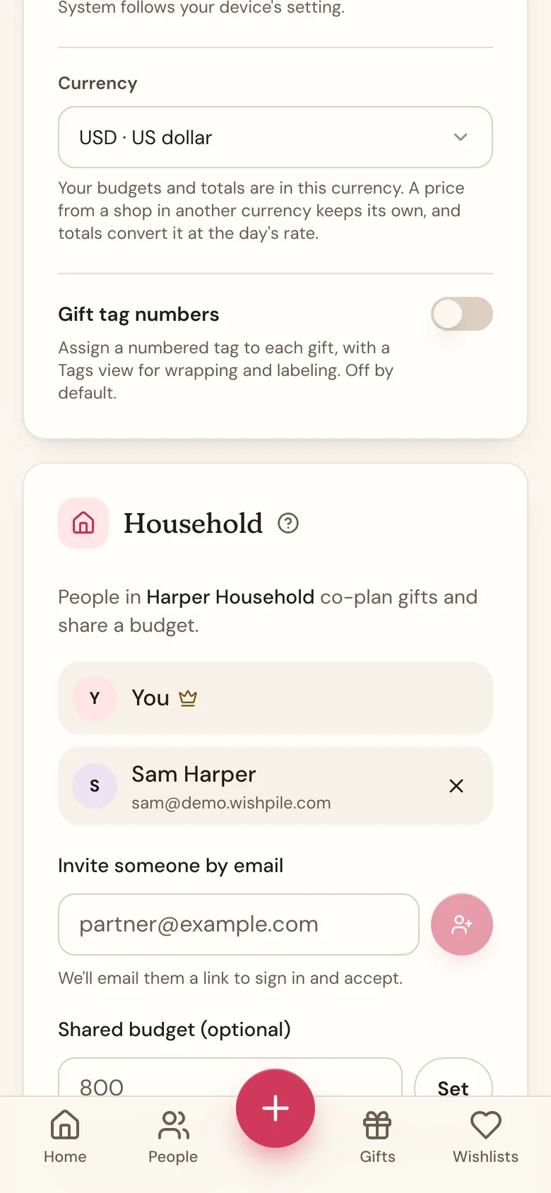 The Household card on Profile, with both members and the shared budget