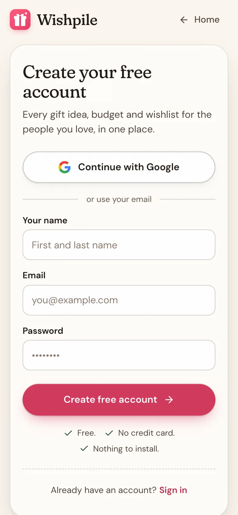 The Create your free account screen with Continue with Google above the name, email and password fields
