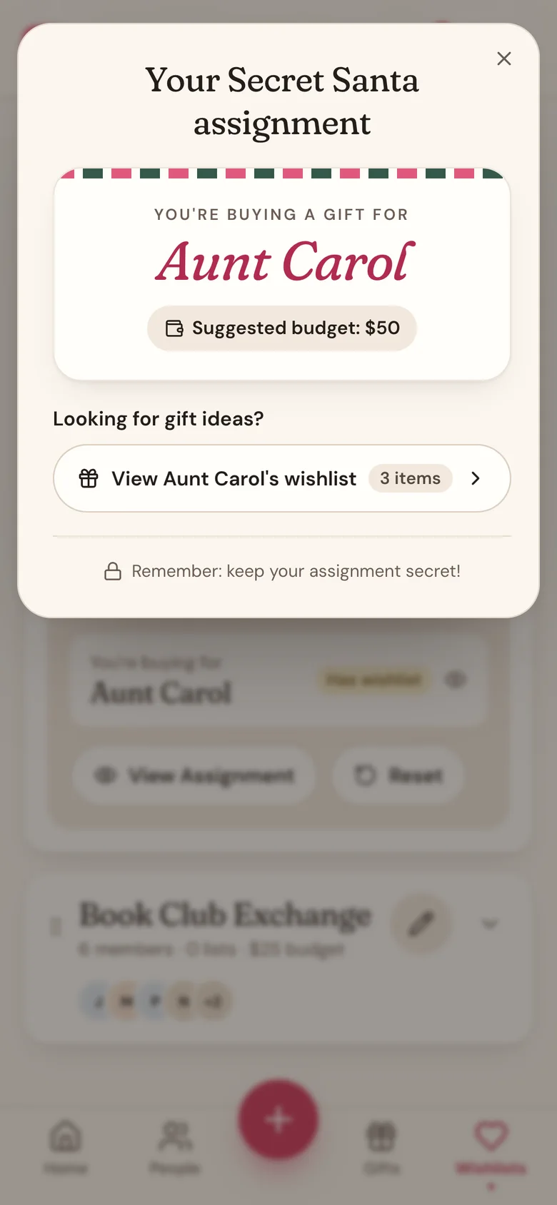 The Secret Santa assignment showing who you're buying a gift for and the suggested budget