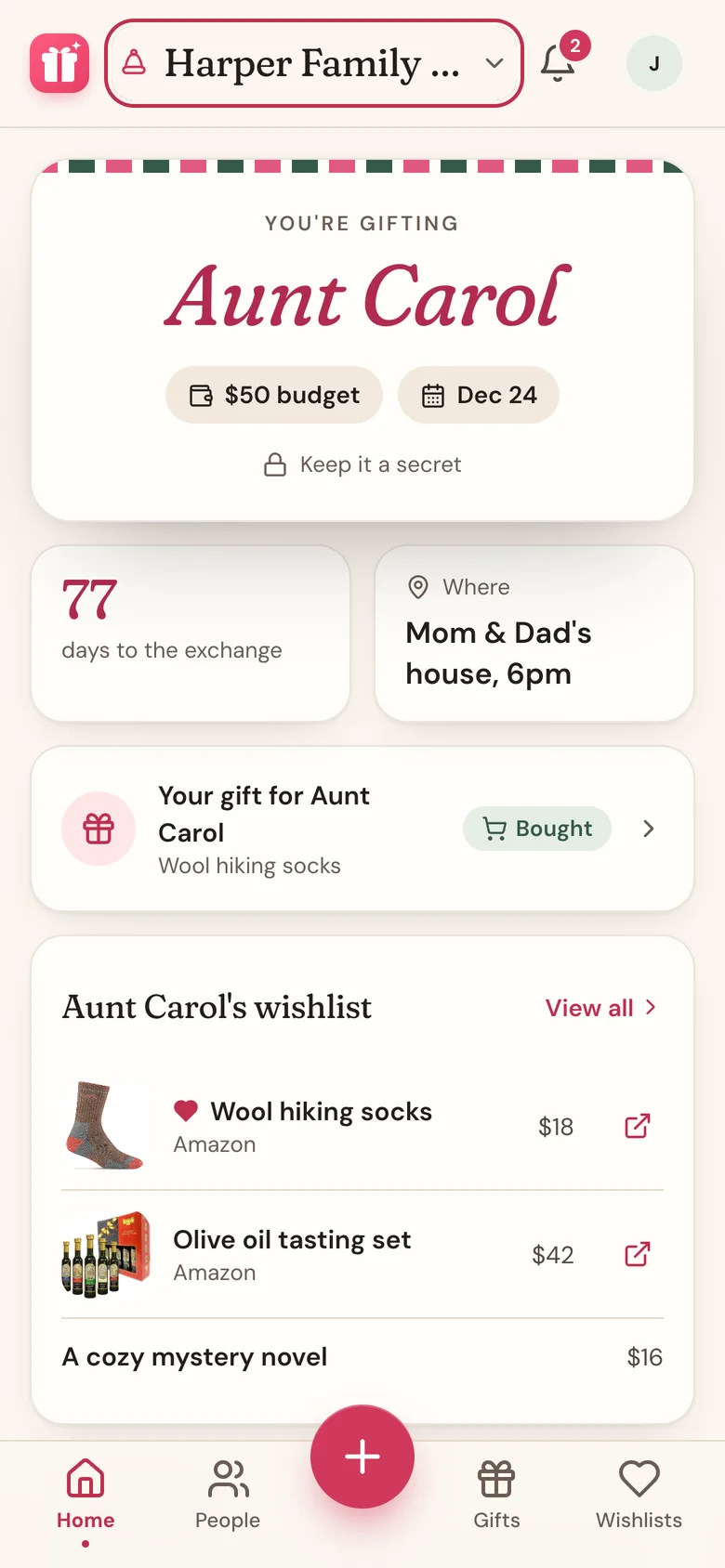 Home in Secret Santa mode, showing the person you're gifting, the budget, and days to the exchange