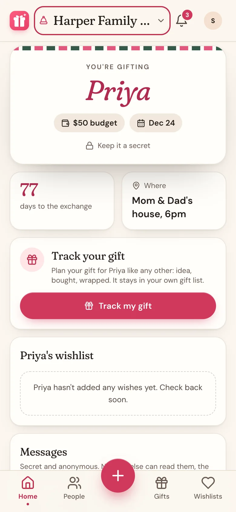 The Track your gift card on Secret Santa Home, with the Track my gift button