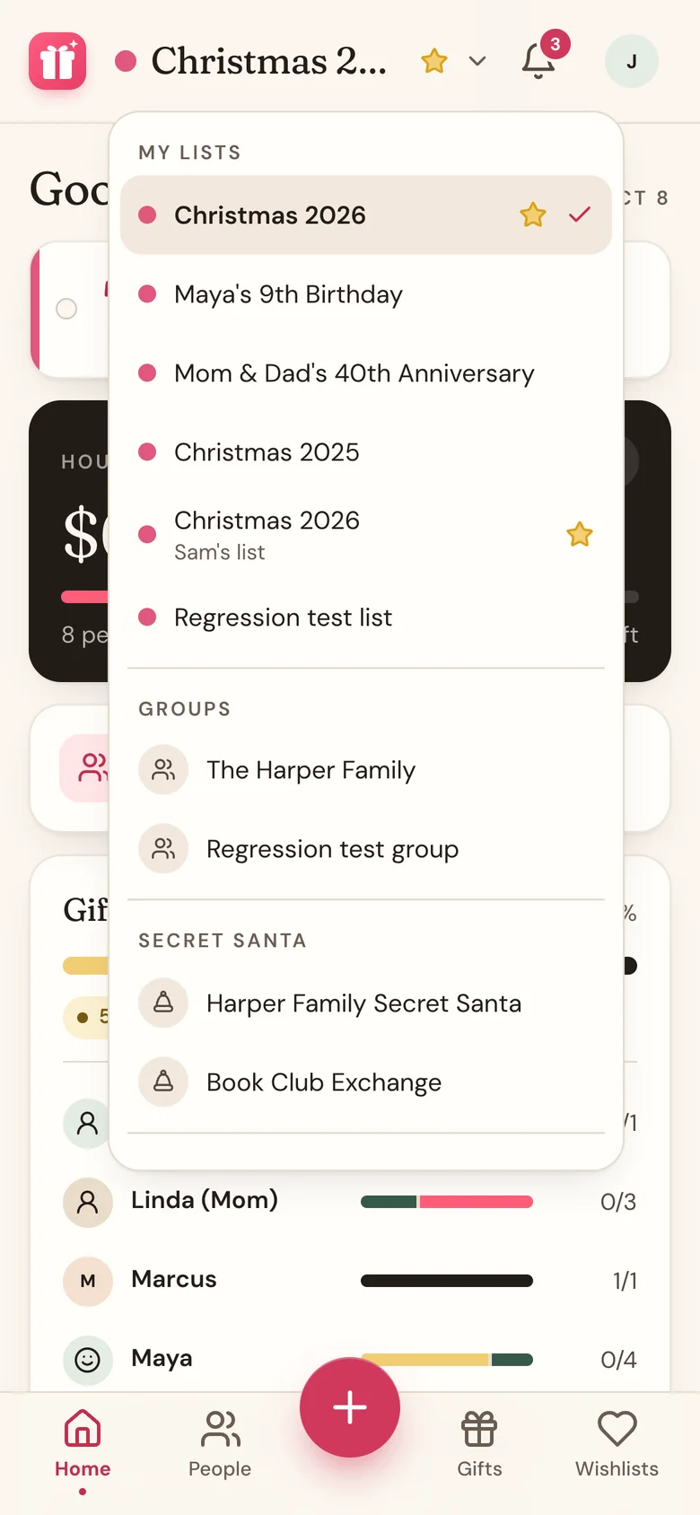 The list menu open at the top of Home, with Edit list and Clone list