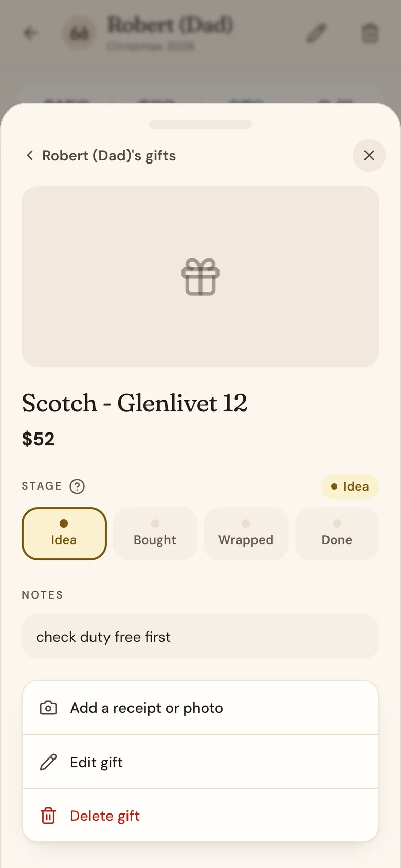A gift's details, with Edit gift and Delete gift at the bottom