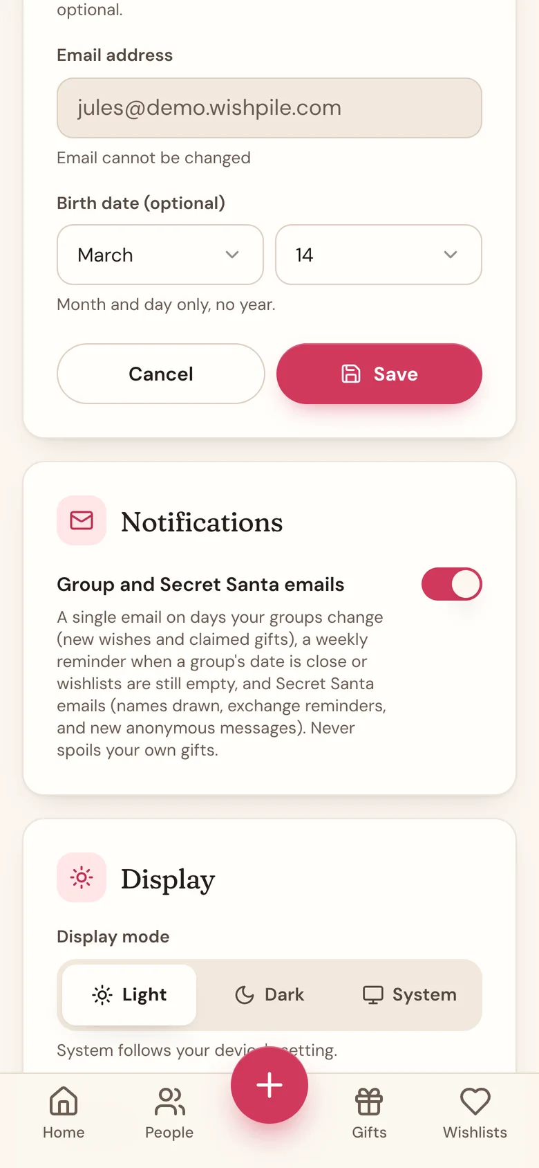 The Notifications card on Profile with the Group and Secret Santa emails switch