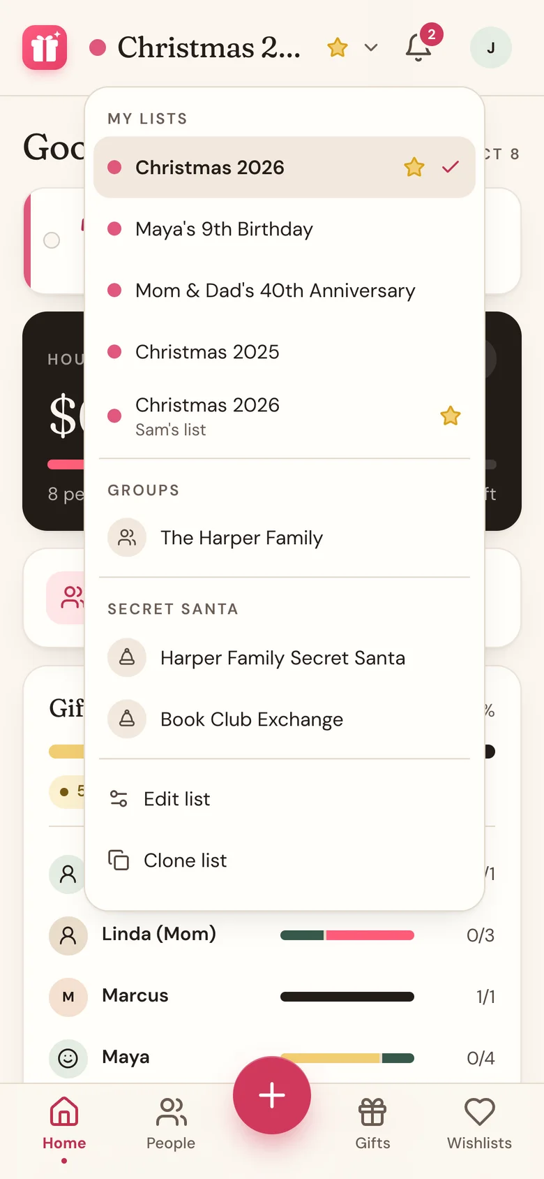 The list switcher open on Home, showing My lists, Groups, and Secret Santa sections