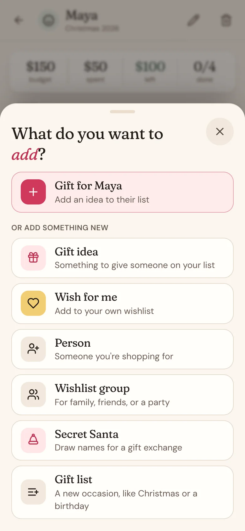 The add menu open on Maya's page, with Gift for Maya at the top and the six add options below