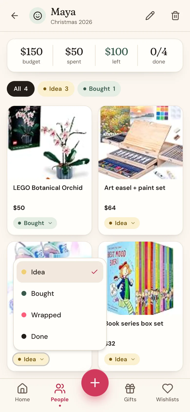 The stage picker open on a gift card, listing Idea, Bought, Wrapped, and Done