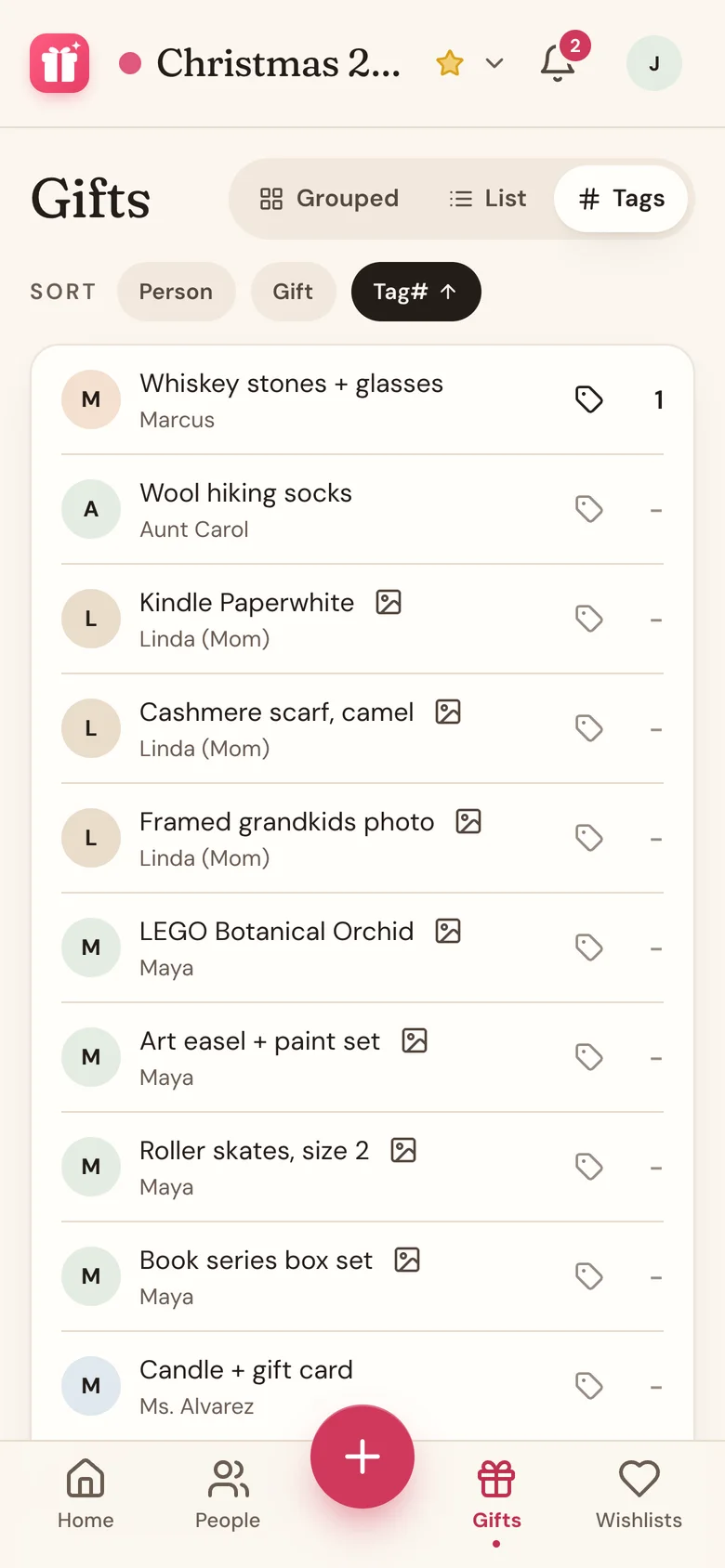 The Tags view on the Gifts tab, with a numbered gift and untagged gifts marked with a dash