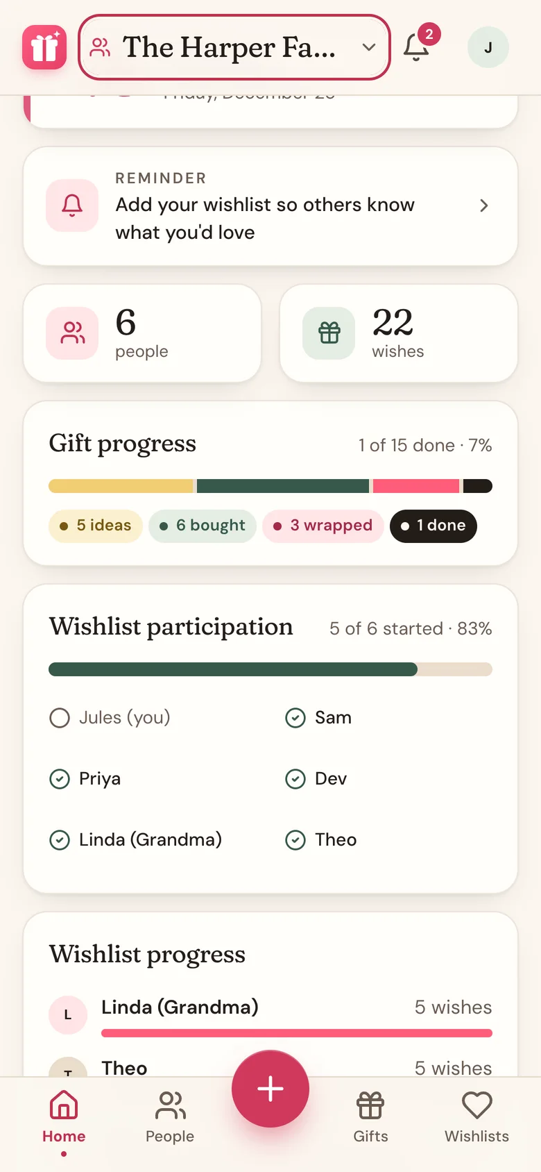 Home switched to The Harper Family, with a countdown and the Wishlist participation card