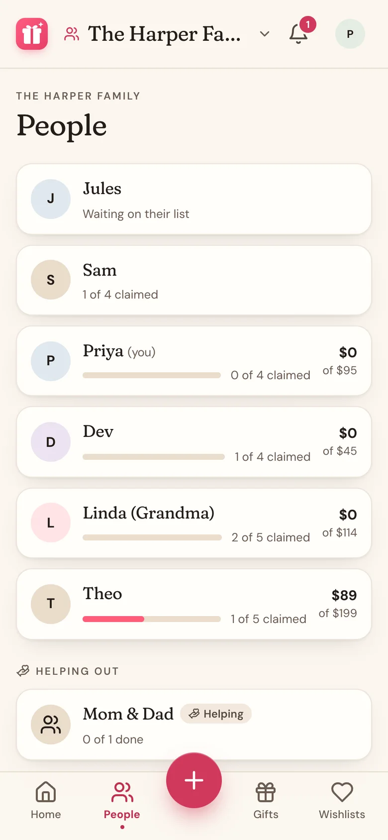 The Helping Out section on People, with Mom & Dad marked Helping