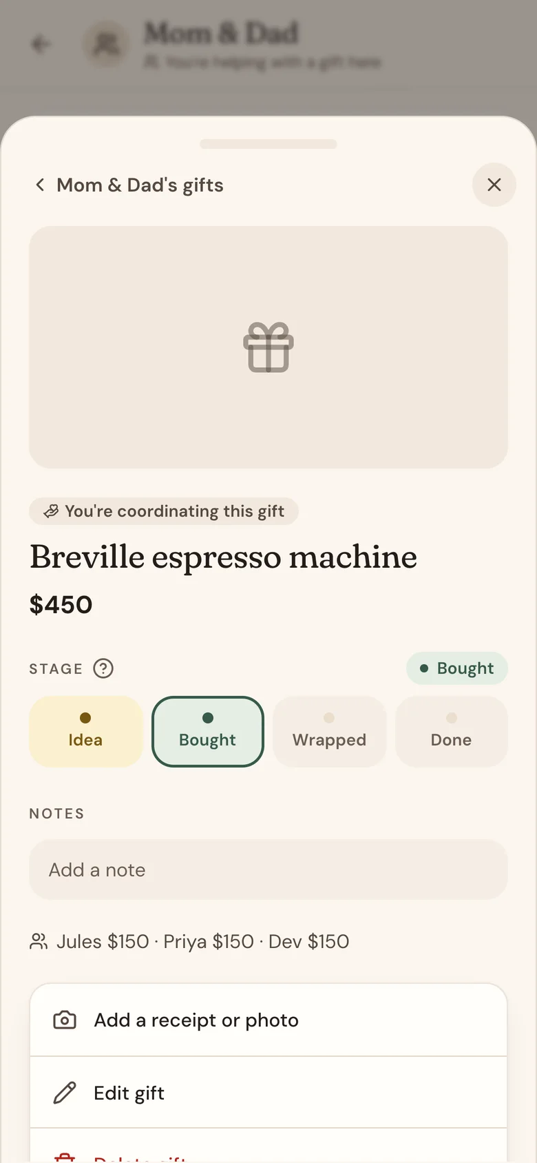 The espresso machine gift, marked "You're coordinating this gift"