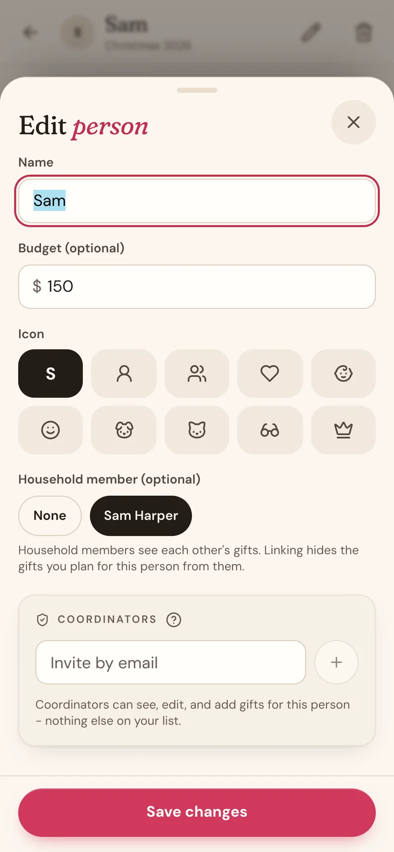 The Edit person sheet with Sam Harper picked under Household member