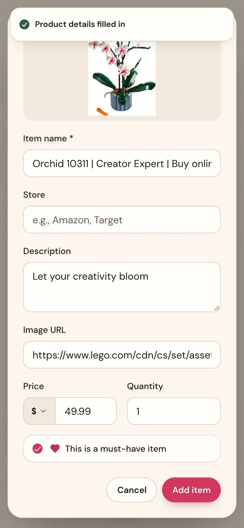 The Add an item sheet with a pasted link, the photo, name, and price filled in