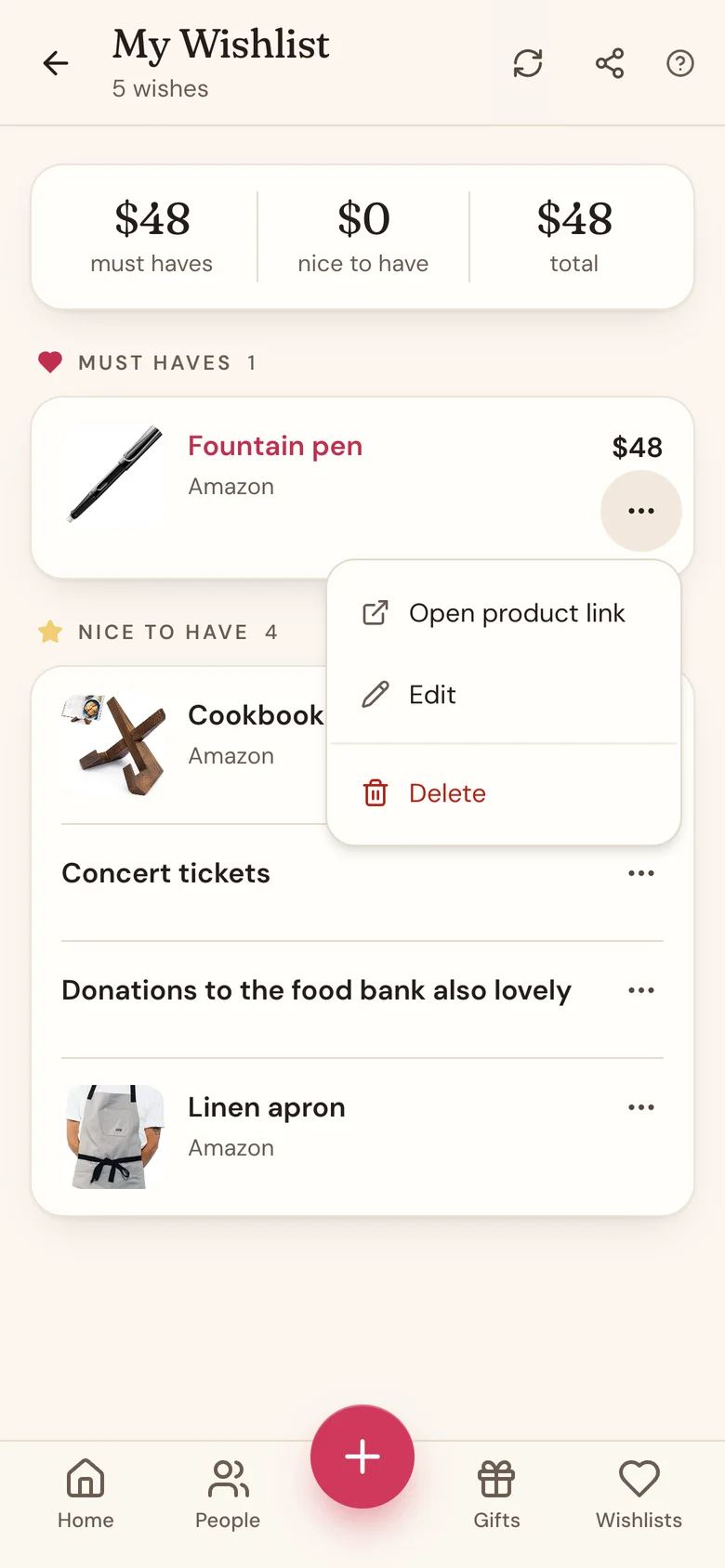 An item's menu on the wishlist page with Edit and Delete