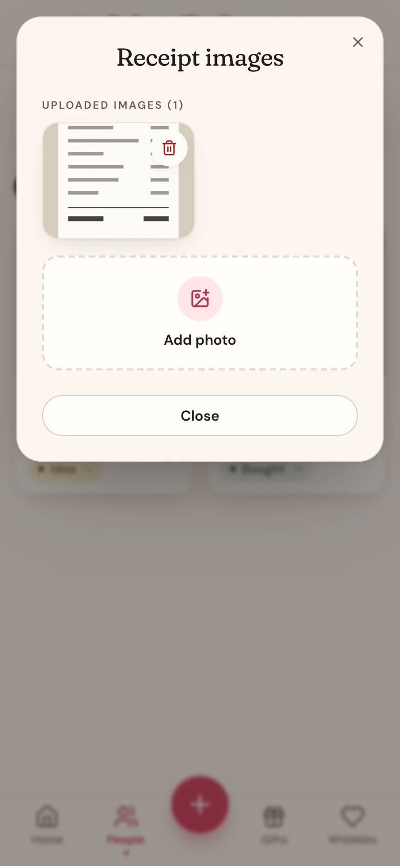 The Receipt images window with one uploaded receipt and the Add photo button