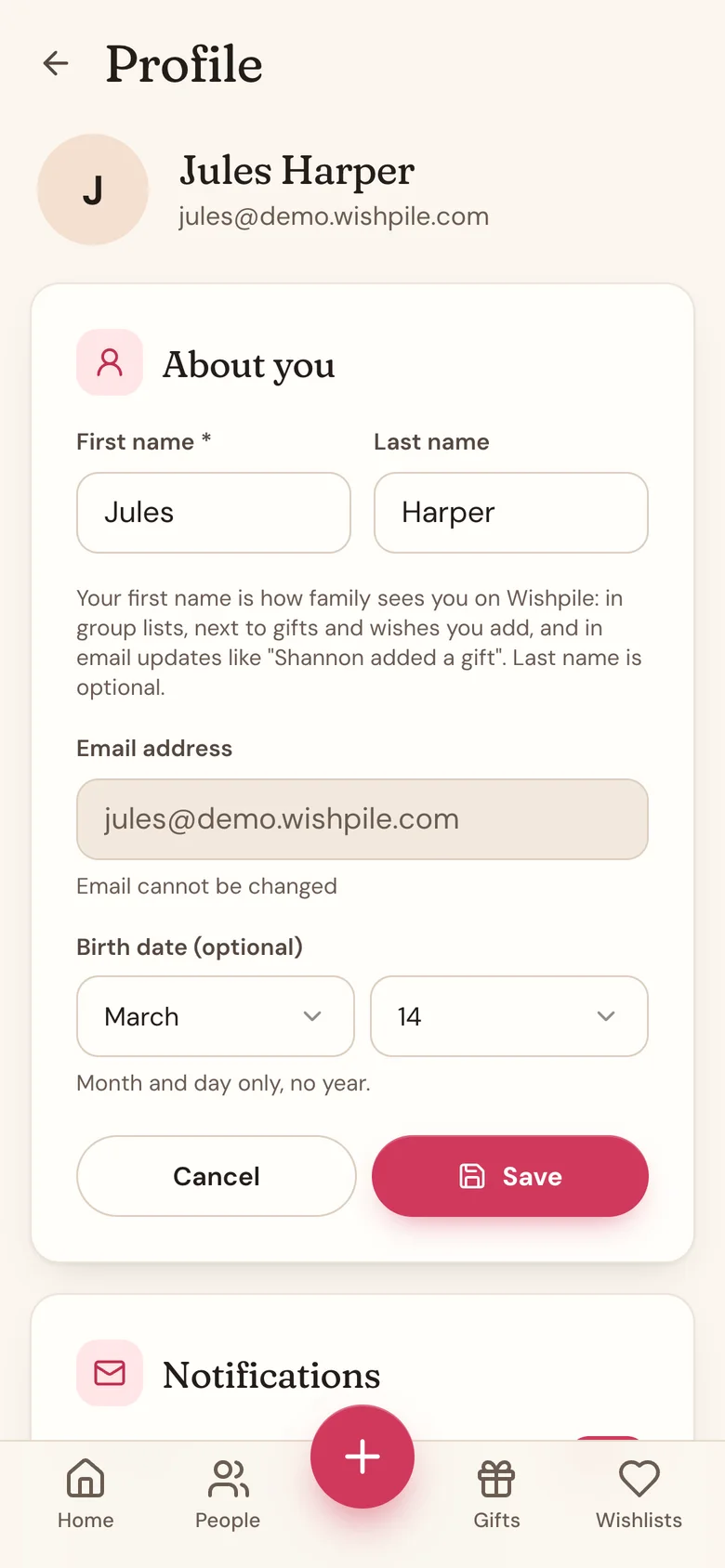 The About you card on Profile with Jules Harper's name and birth date