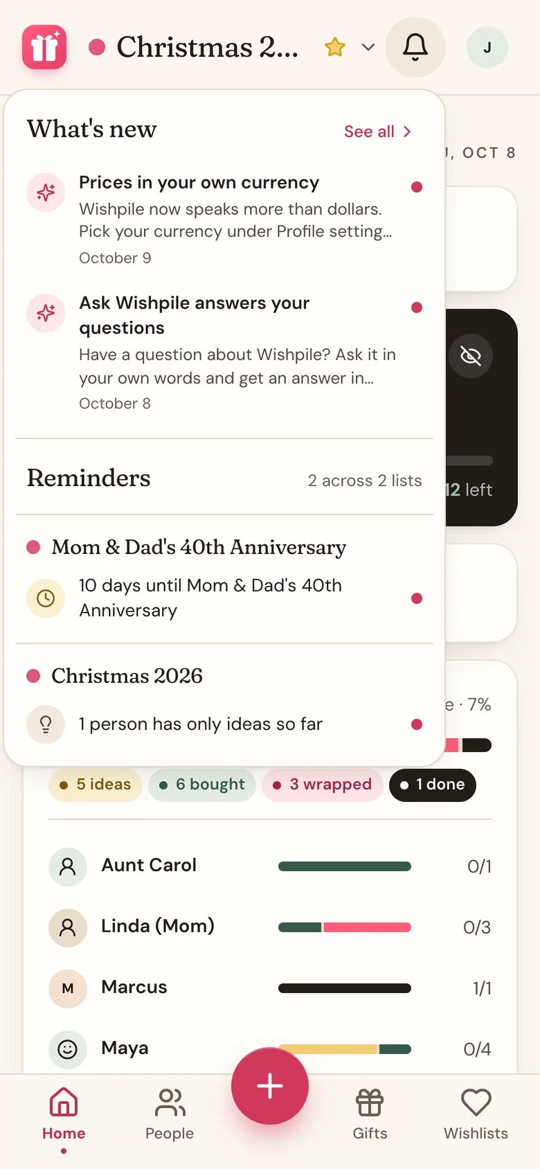 The Reminders popup under the bell, grouped by list
