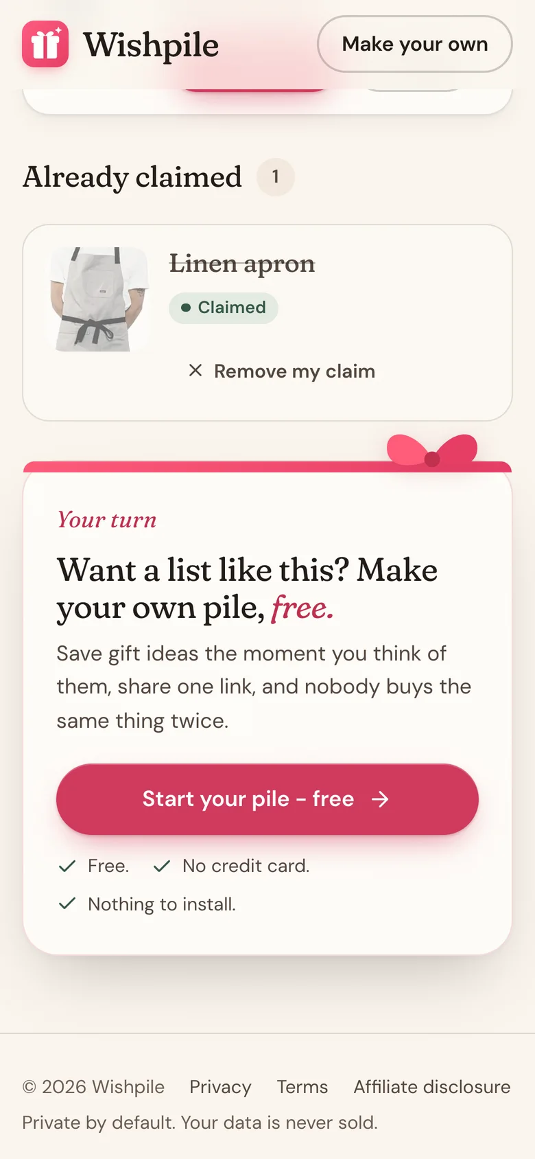 The Already claimed section with a Remove my claim button under Linen apron