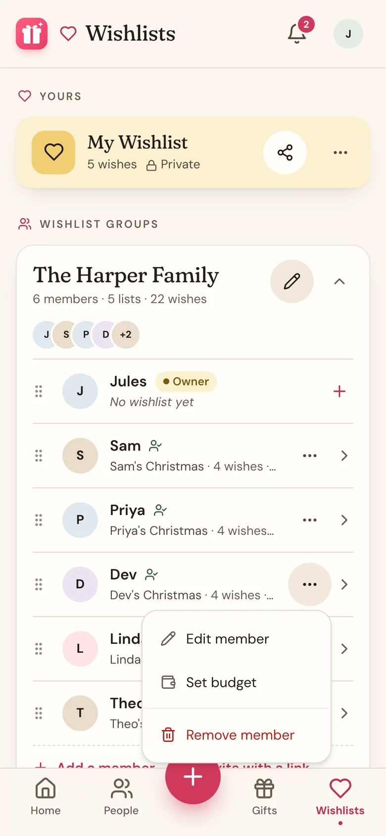 The menu on a member's row, with Remove member at the bottom