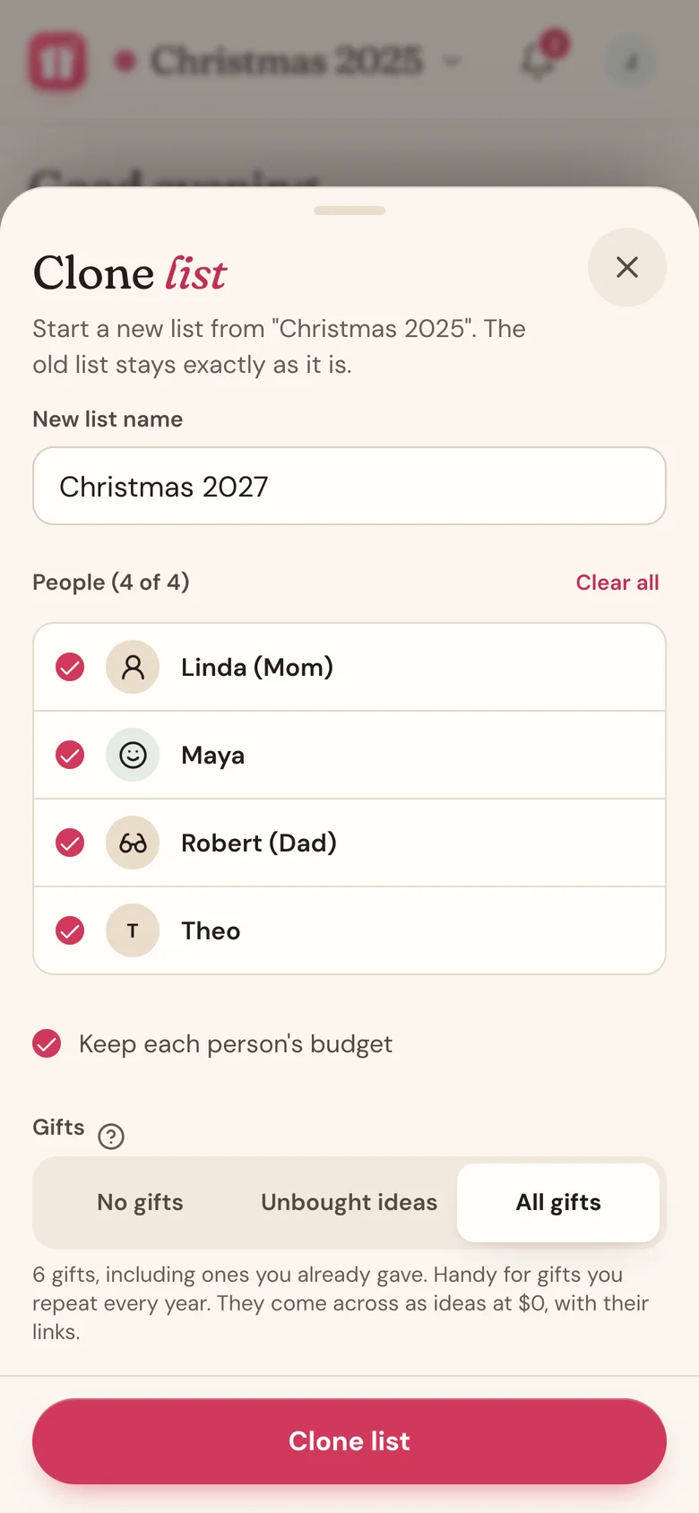 The Clone list sheet with a new list name, the people to bring, and the gift choices