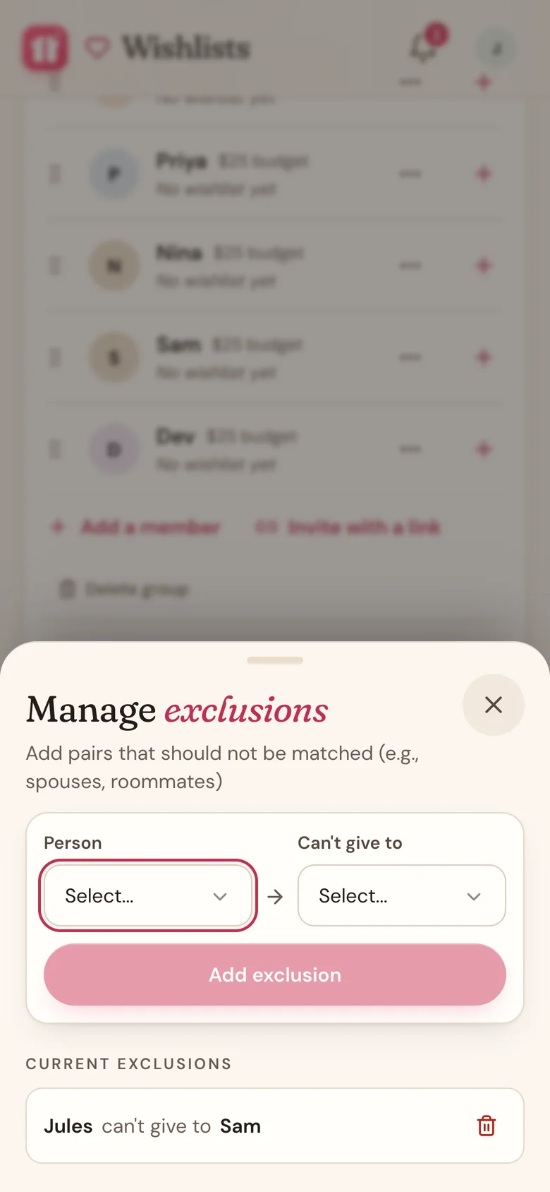 The Manage exclusions sheet with one exclusion listed
