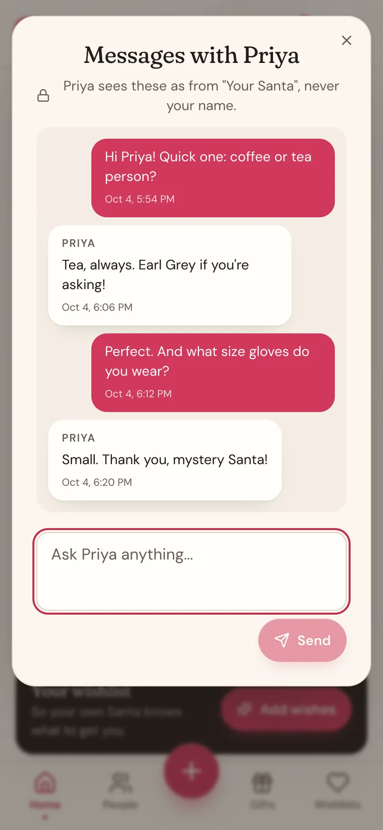 A Secret Santa conversation: Sam asks Priya about tea and glove size, and Priya answers