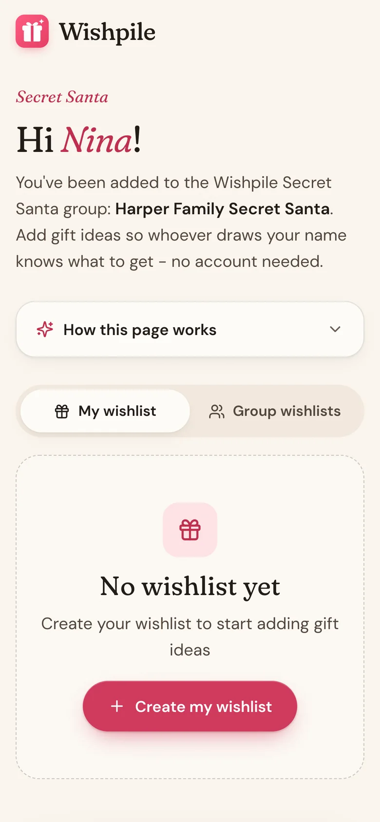 A Secret Santa invite page, ready for the participant to create their wishlist