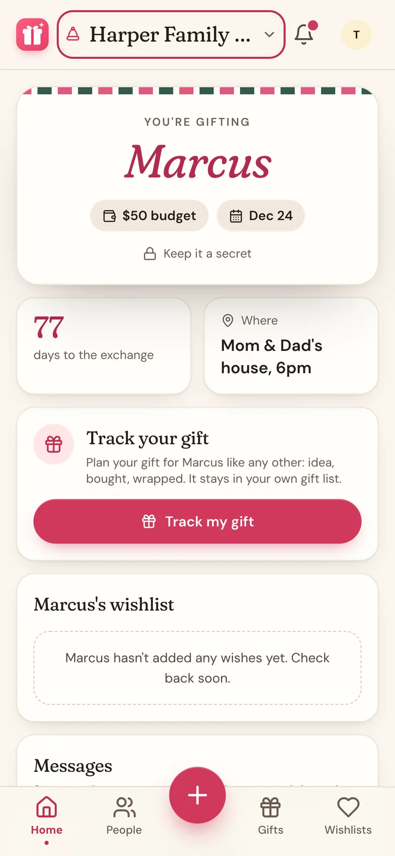 Home in Secret Santa mode for a participant, showing who they're gifting