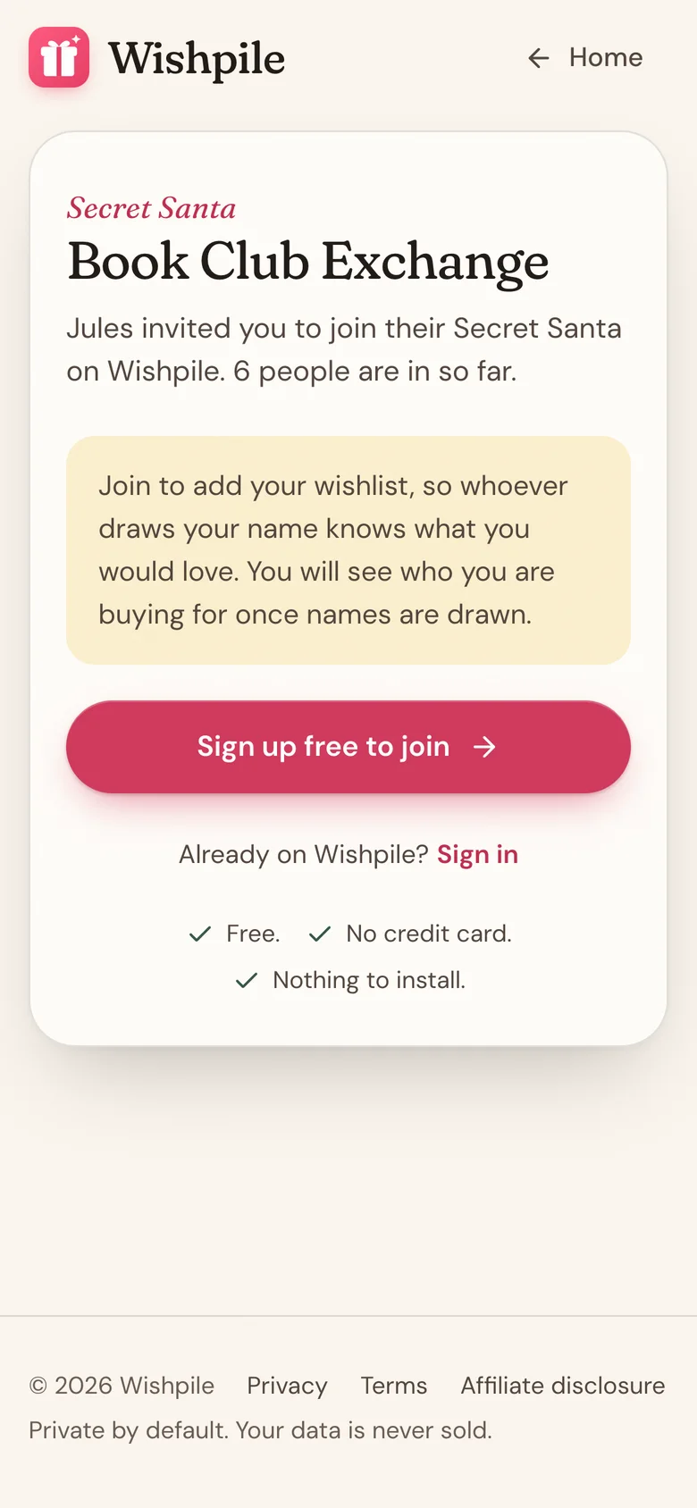 The join page for the Book Club Exchange Secret Santa, as someone who isn't signed in sees it