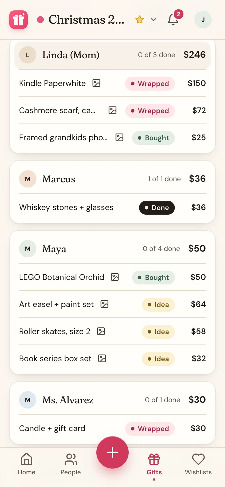 The Gifts tab in Grouped view, with a card for each person and their gifts