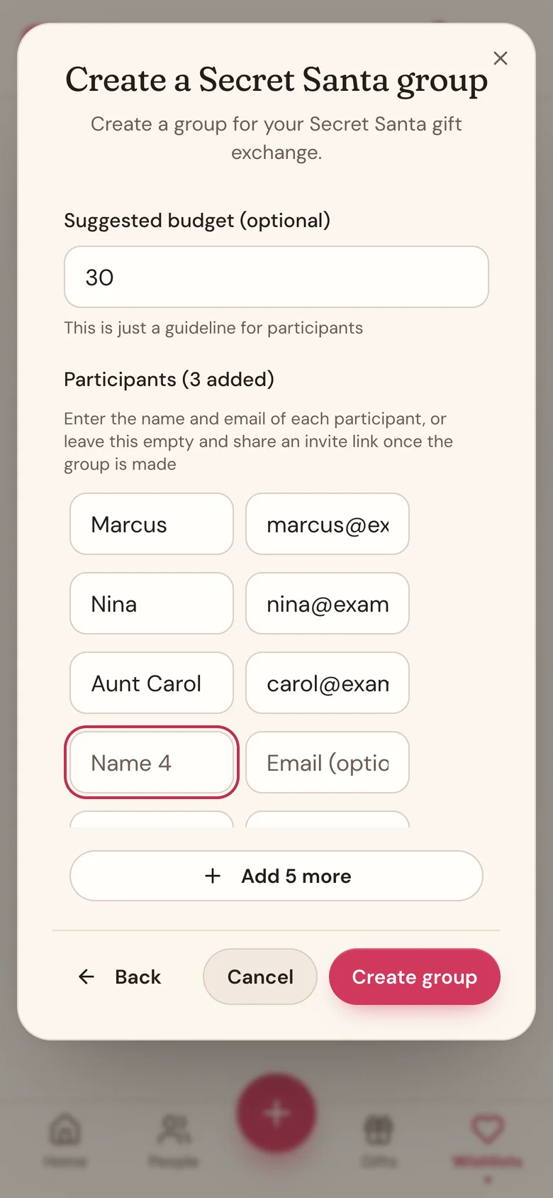 The Create a Secret Santa group form with a date, budget, and three participants filled in