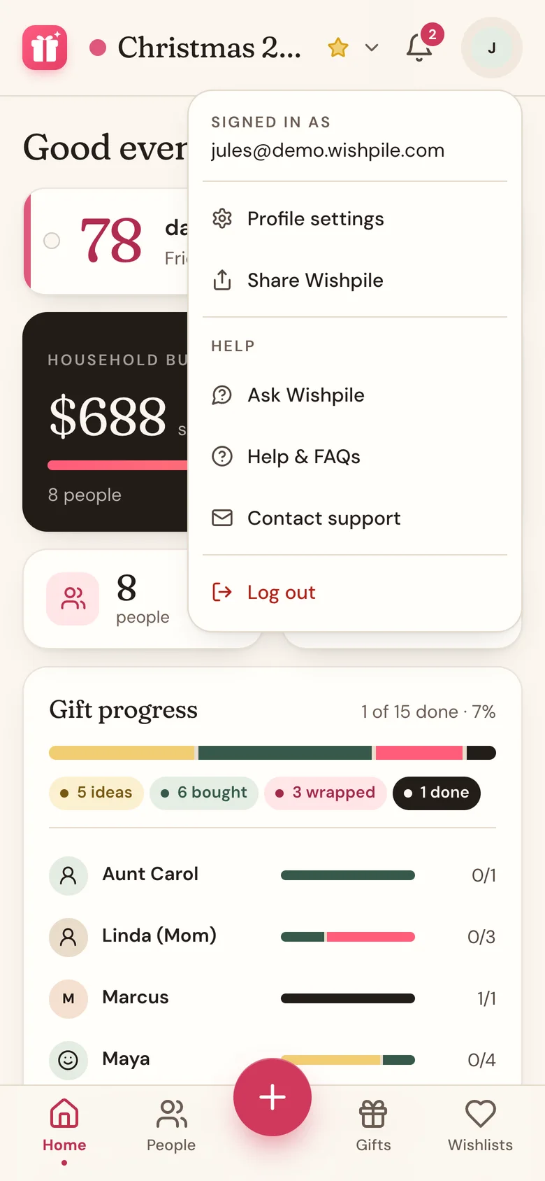The account menu open, with Share Wishpile under Profile settings