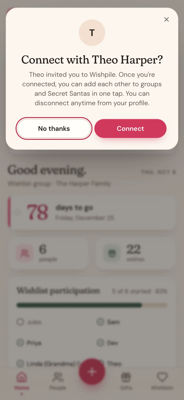 The Connect with Theo? question, with No thanks and Connect buttons