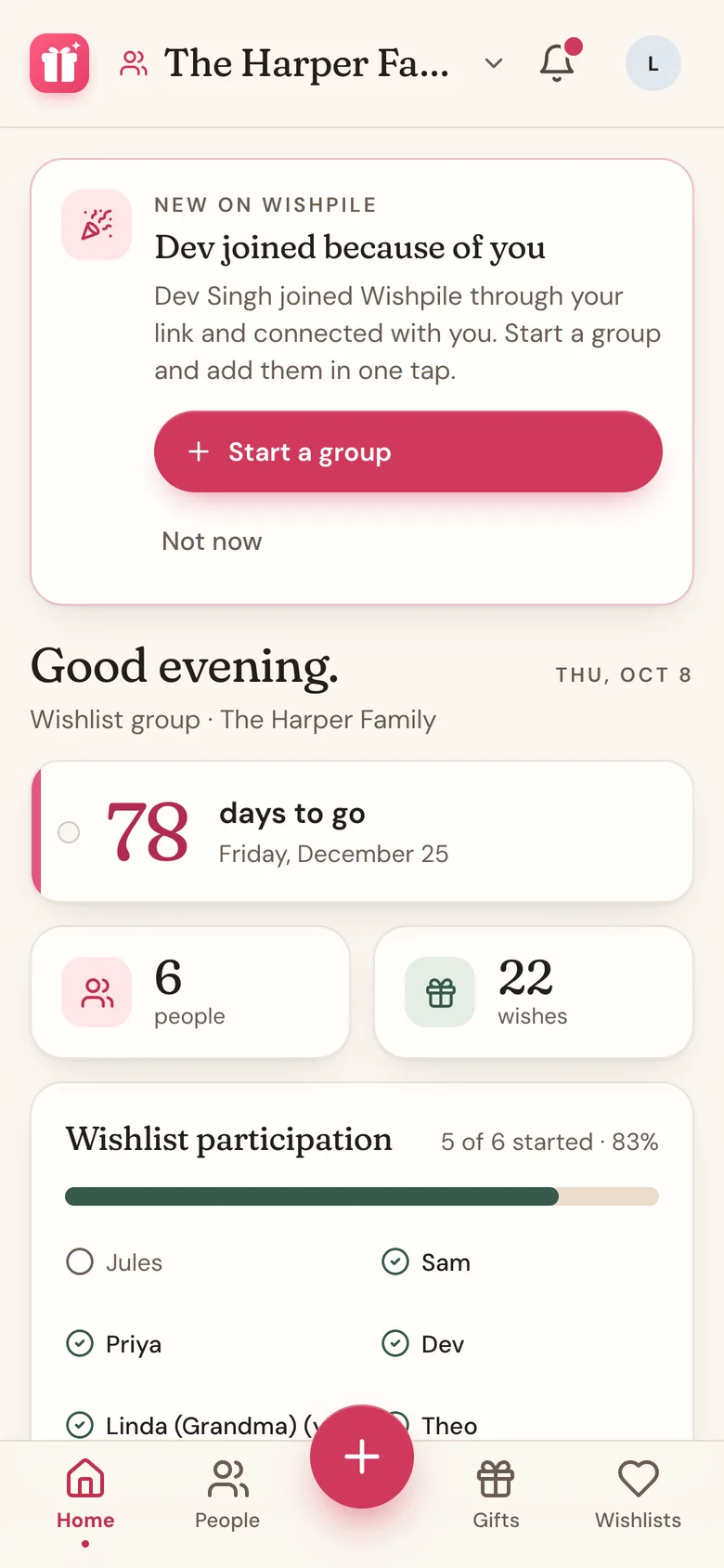 The Dev joined because of you card on Home, with a Start a group button