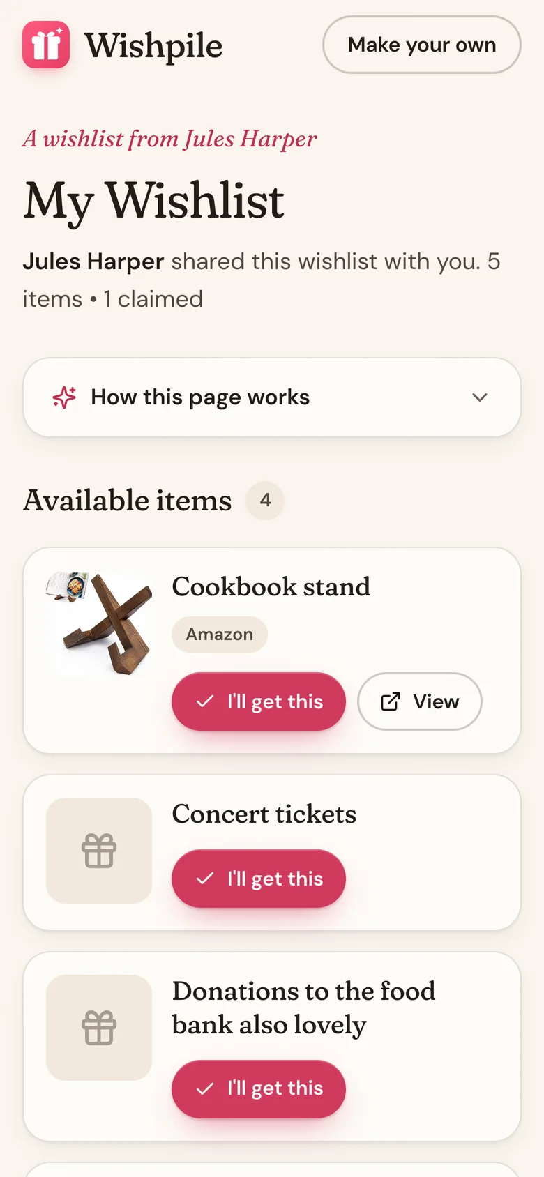 Jules's shared wishlist as a visitor sees it, with I'll get this buttons on each item