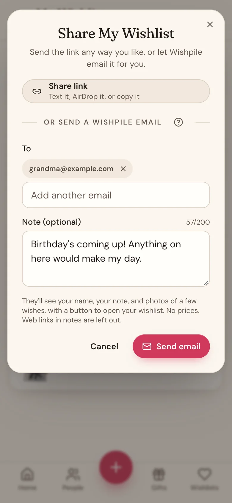 The share sheet with Share link at the top and the Wishpile email form below