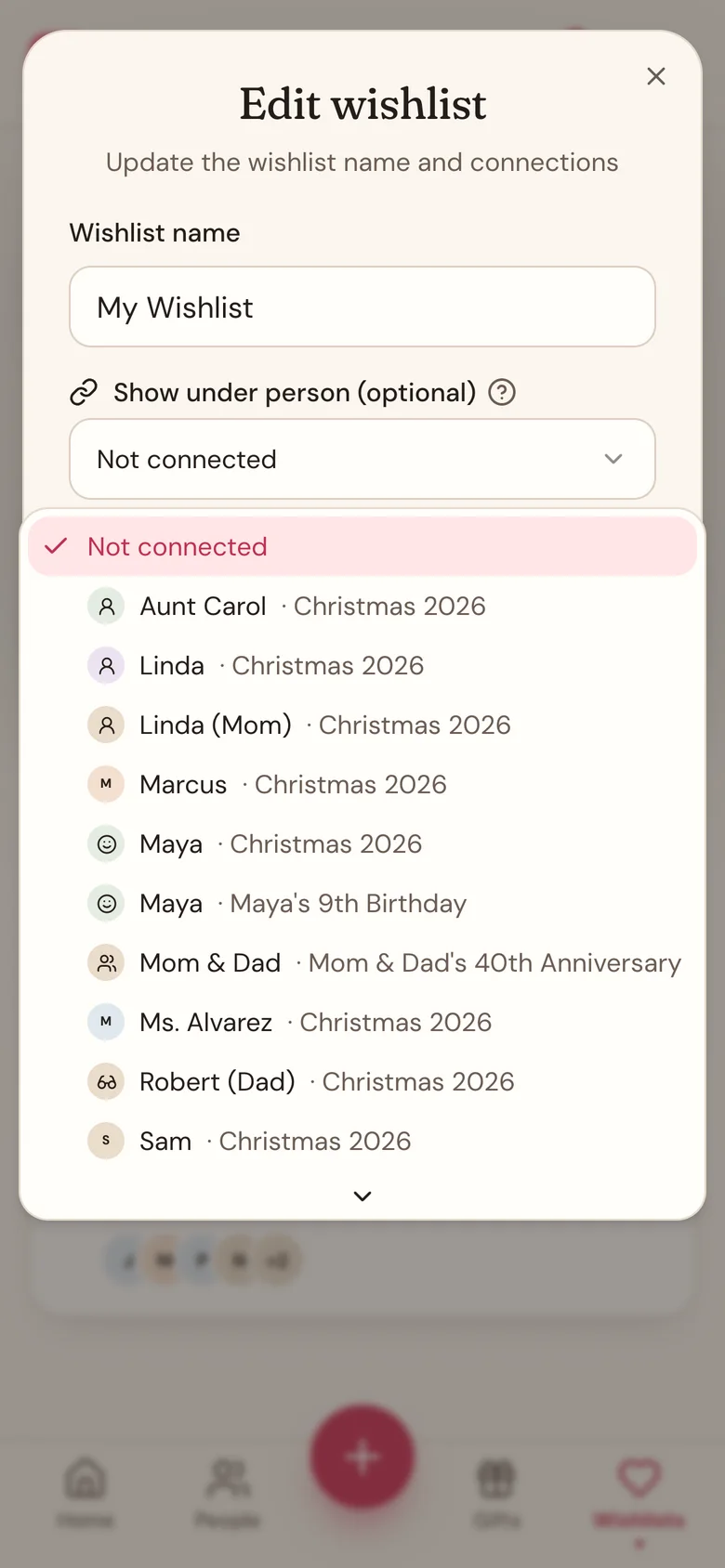 The Edit wishlist sheet with the Show under person picker open, listing people and their gift lists