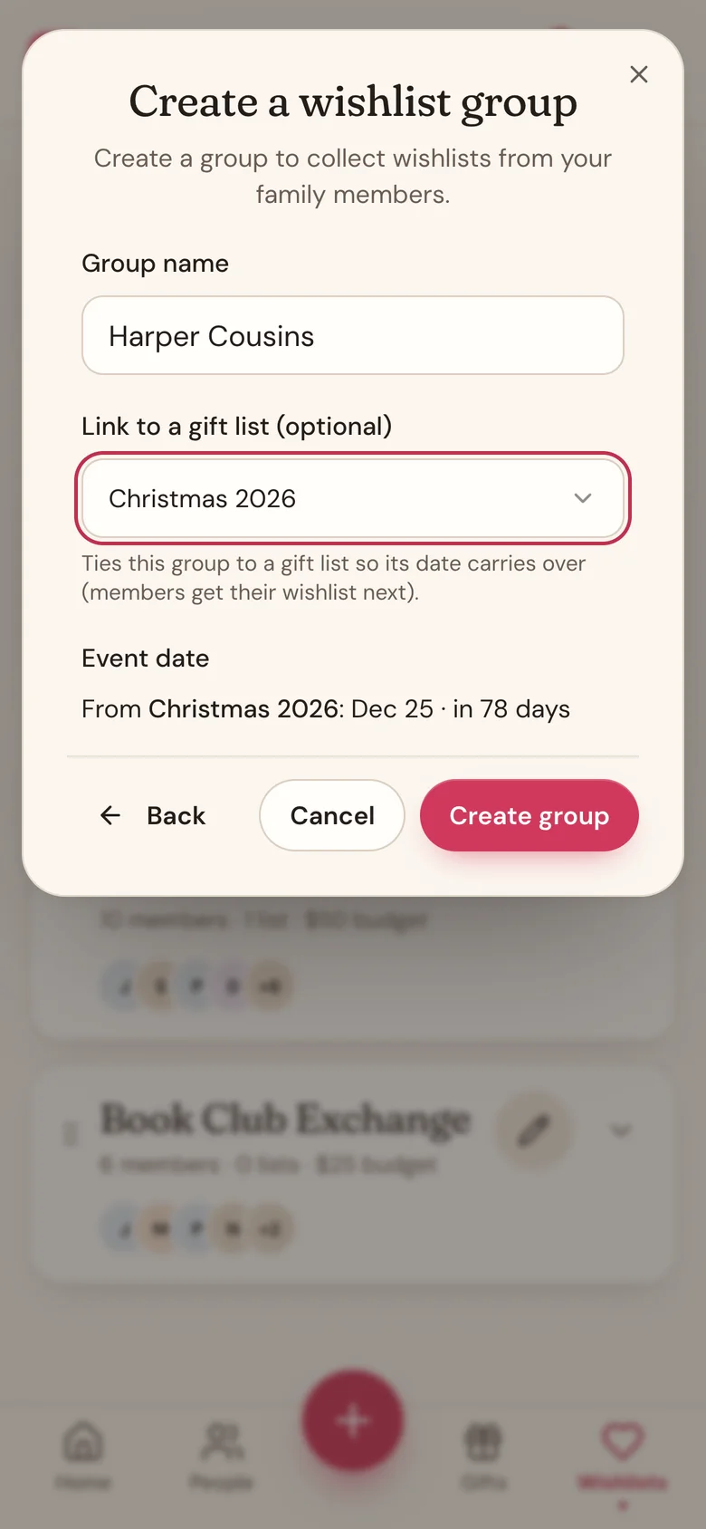 The Create a wishlist group form with a name typed and Christmas 2026 linked