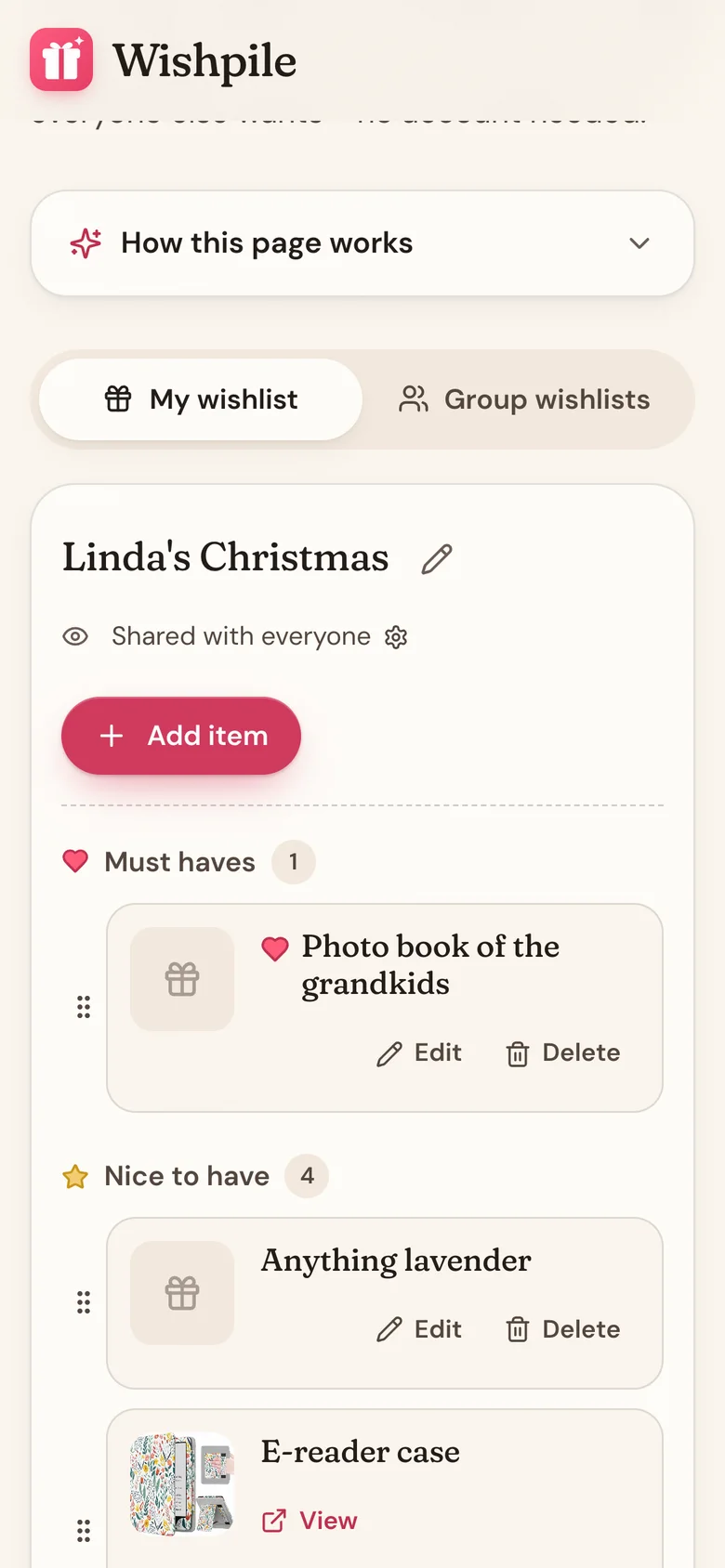 A group invite page with the My wishlist tab open and a few wishes added